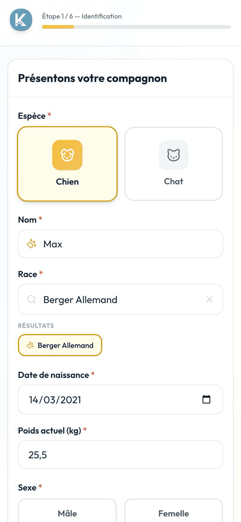 Écran de création du profil de l'animal