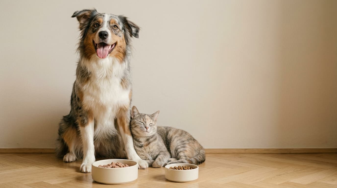 Un chien et un chat assis à côté de leurs gamelles